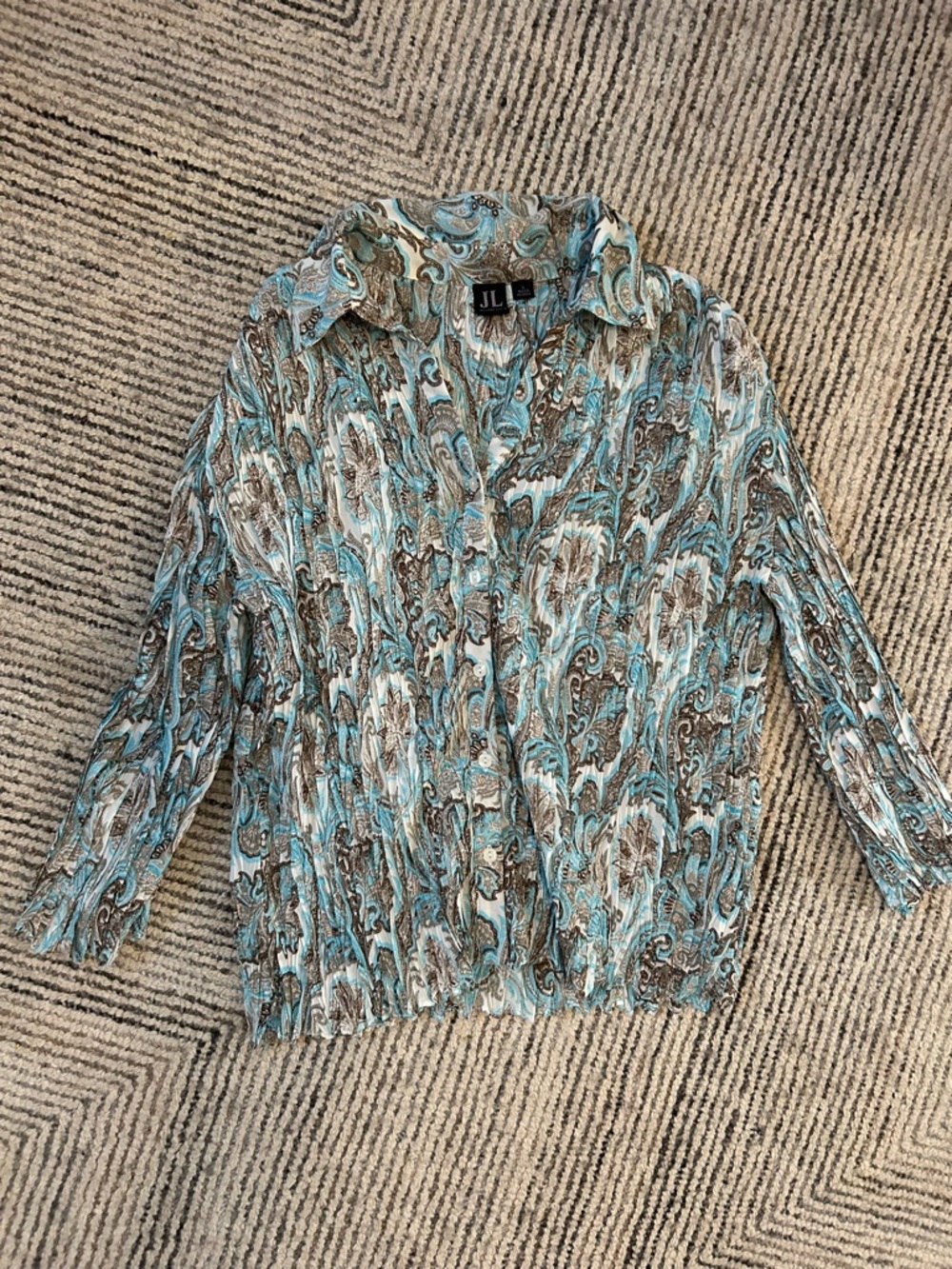 JL Jennifer Lloyd Paisley Ethereal Button-Up Blouse in Teal & Brown Size Large